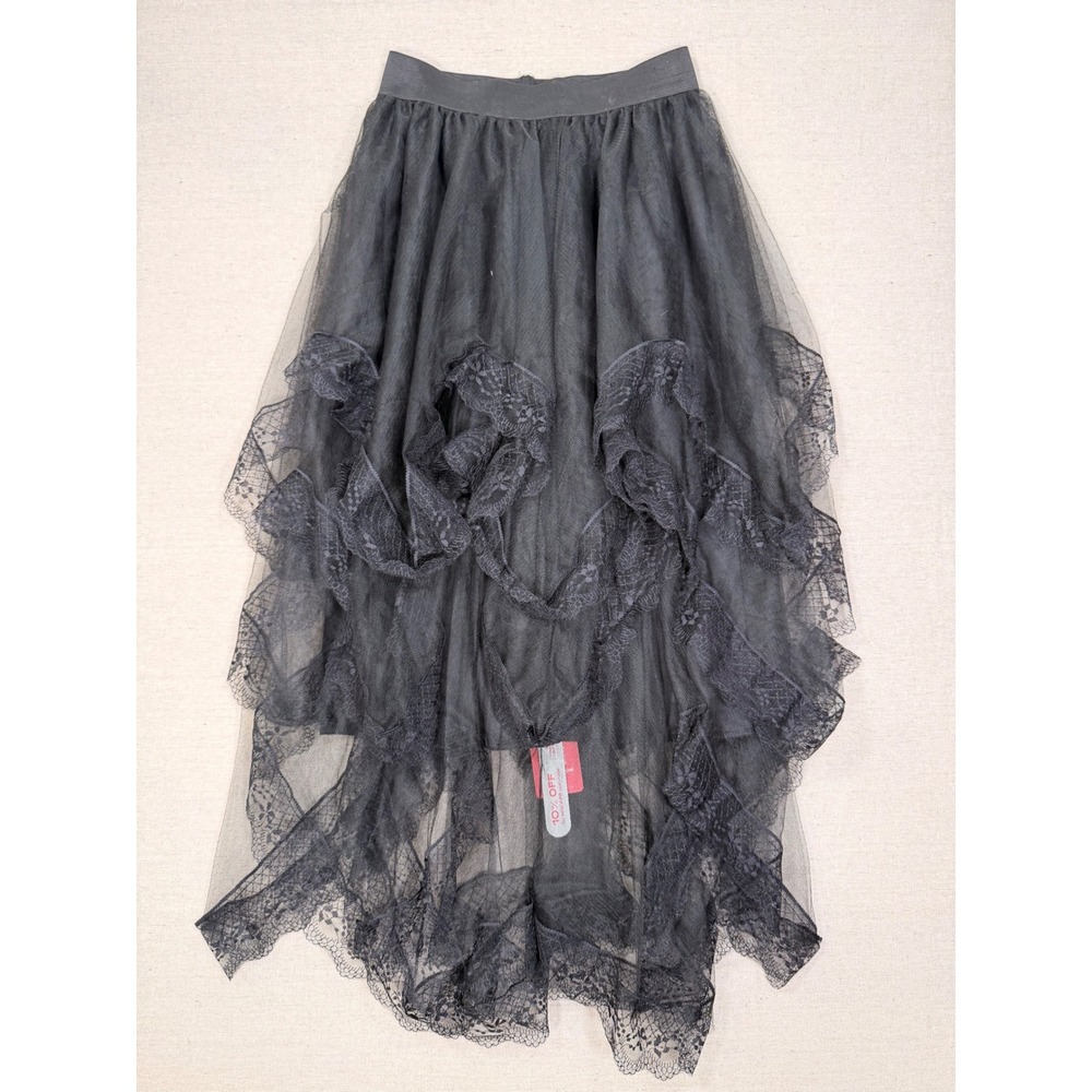 Romwe Black Tulle High Low Maxi Skirt Lace Ruffle Layered Gothic Mesh Small NWT